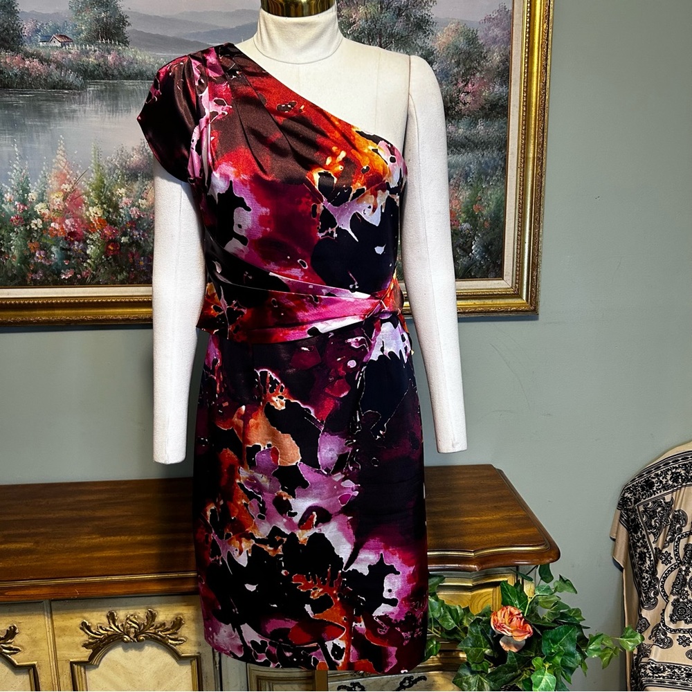 Tahari One Shoulder Black Purple Pink Lilac Danika One Shoulder Floral Dress - Picture 3 of 15